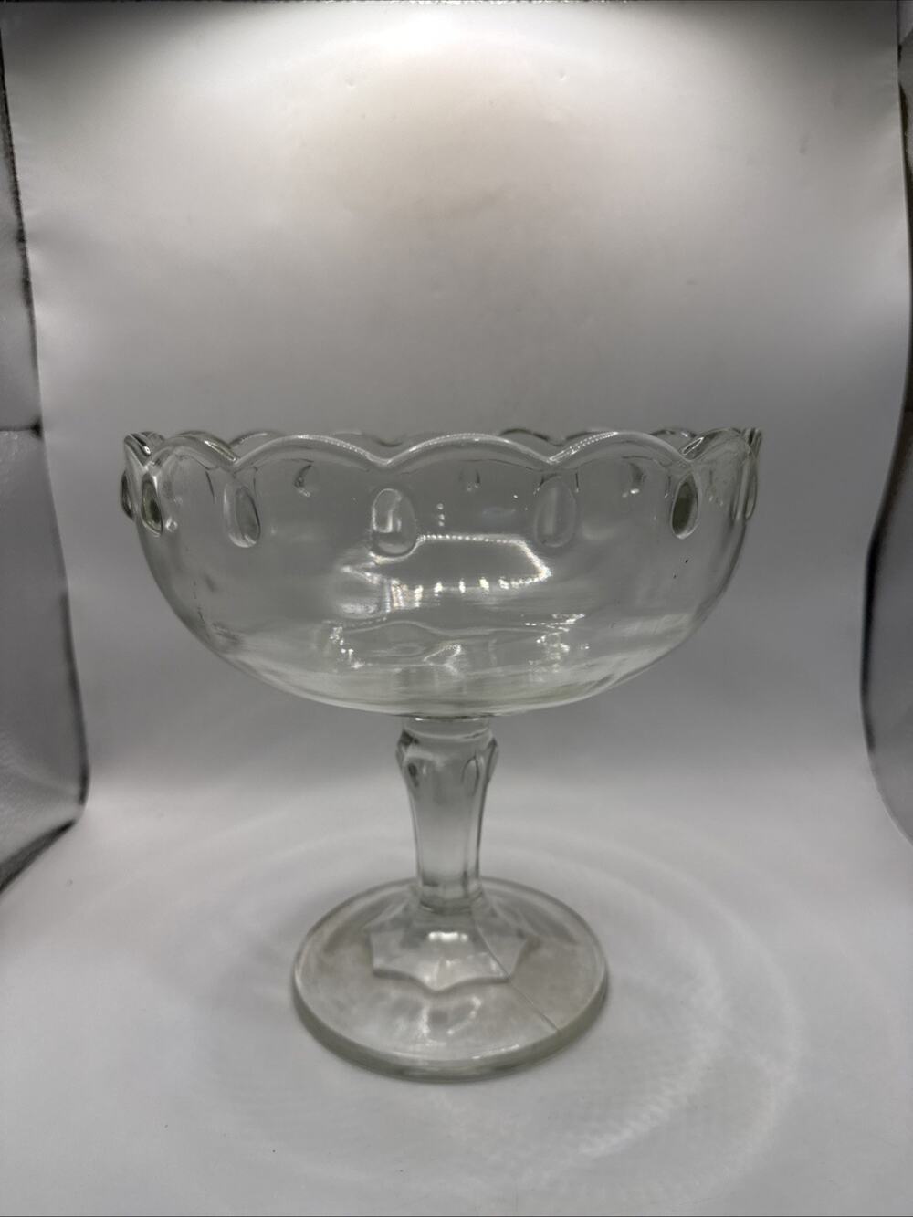 Vintage Clear Pressed Glass Pedestal Compote Bowl Scalloped Rim 7.5” *